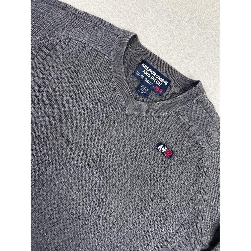Abercrombie & Fitch Mens XL Gray V Neck Ribbed Pullover A&F 92 Patch Sweater